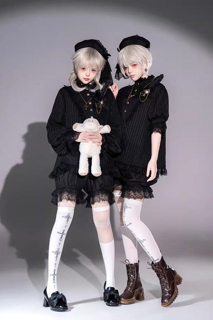 Black Stand Collar Long Short Sleeves Printed Ruffled Lace Gothic Ouji Lolita Set 2 Versions