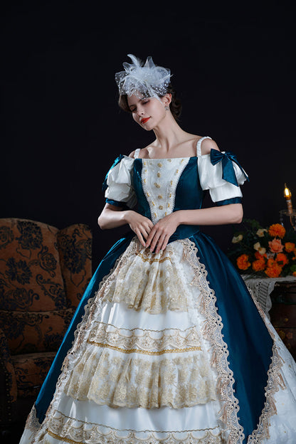 Blue/Apricot Off Shoulder Short Sleeves Ruffle Cardigan Bowknot Lace Classic Princess Palace Lolita Victorian Dress