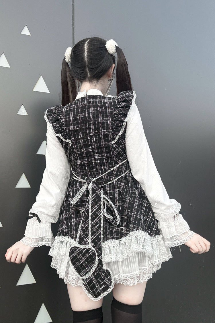 Black [Lunar Eclipse Doll] Long Sleeves Plaid Printed Ruffled Bow Lace Sweet Jirai Kei Japanese Dress Shorts Set