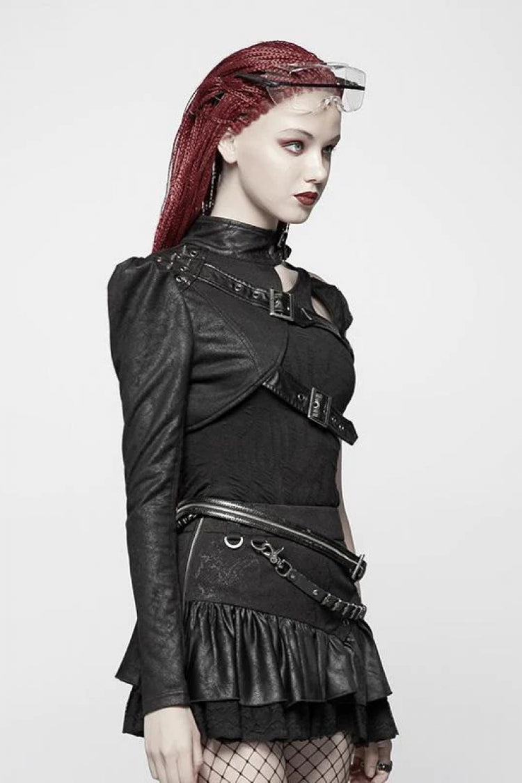 Women's Stand Collar Rivet Buckle Steampunk One-Arm Jacket 2 Colors