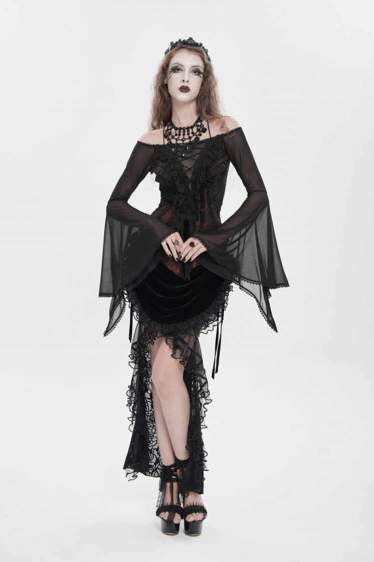 Black/Red Off Shoulder Long Trumpet Sleeves Ruffled Embroidered Lace-Up Women's Gothic Blouse