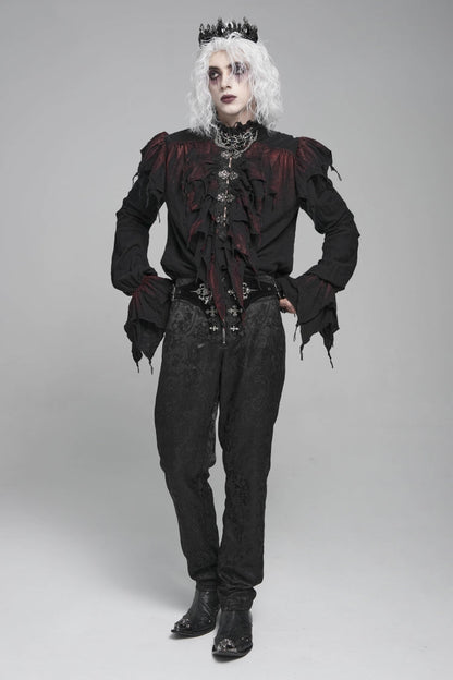 Black/Red Stand Collar Long Sleeves Ruffled Men's Gothic Plunging Shirt
