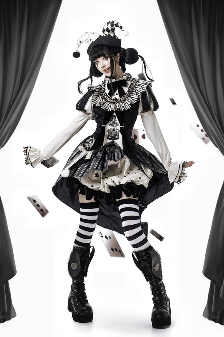 Black [Weird Toy Box] Circus Clown Halloween Print Ruffle Embroidery Asymmetric Gothic Ouji Lolita Full Set