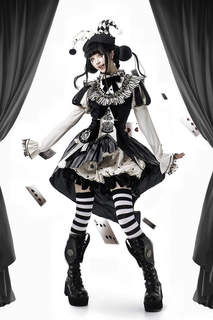 Black [Weird Toy Box] Circus Clown Halloween Print Ruffle Embroidery Asymmetric Gothic Ouji Lolita Full Set