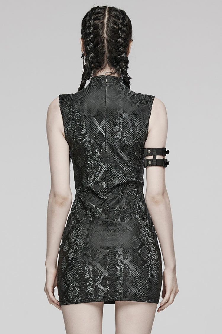 Black Sleeveless Metal Rings Hollow Mesh Women's Steampunk Dress