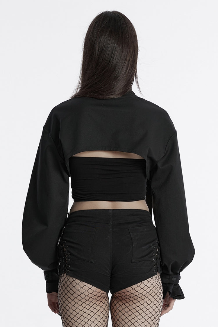Black Stand Collar Long Sleeves Straps Women's Punk Cape