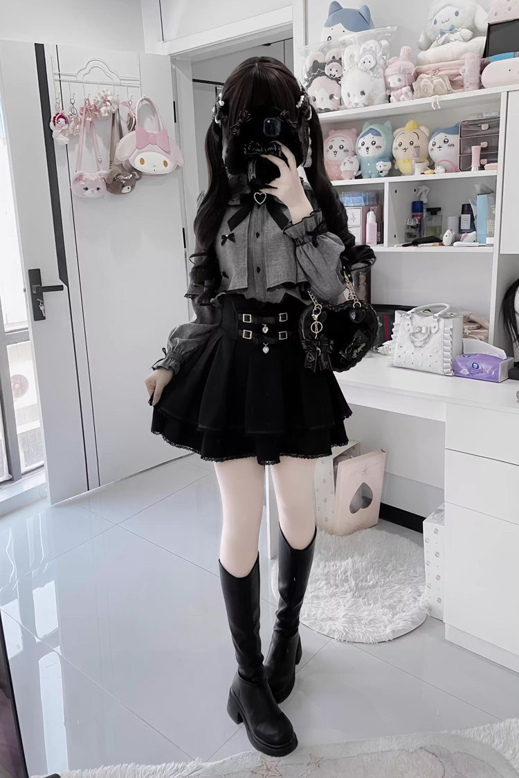 Black/Grey Long Sleeves Ruffled Belt Buckle Japanese Jirai Kei Set