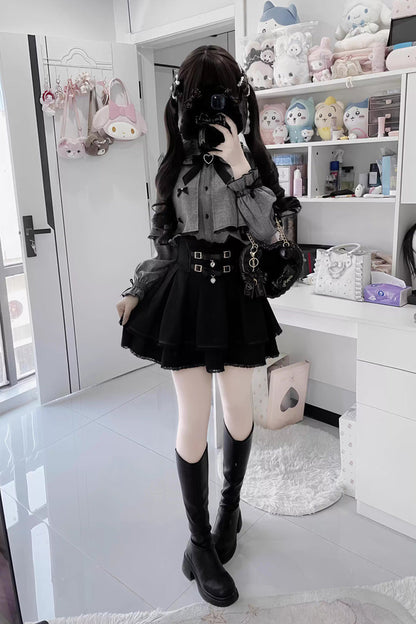Black/Grey Long Sleeves Ruffled Belt Buckle Japanese Jirai Kei Set