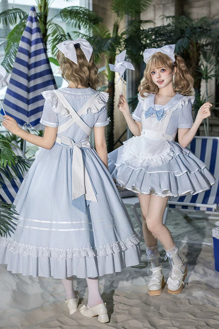 Blue [Seven Day Bell] Navy Collar Short Sleeves Printed Ruffled Bow Sweet Lolita Dress 2 Versions