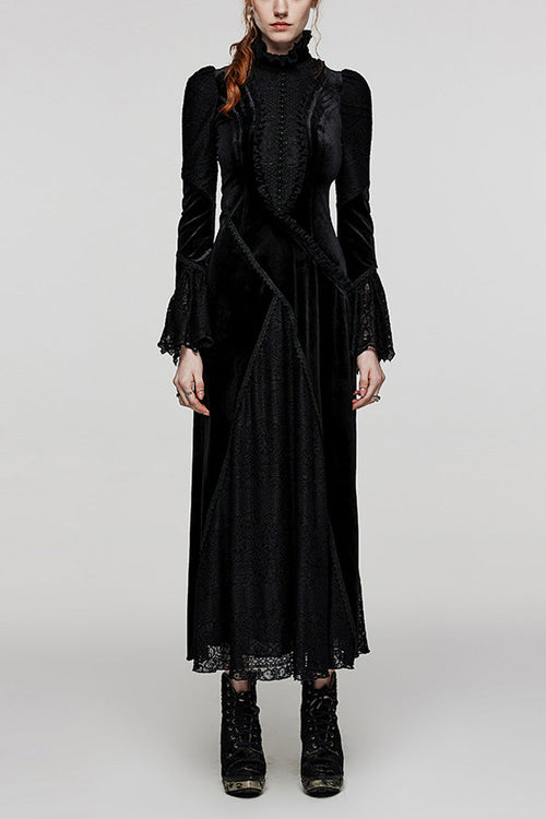 Black Stand Collar Long Trumpet Sleeves Stitching Lace Women's Gothic Dress