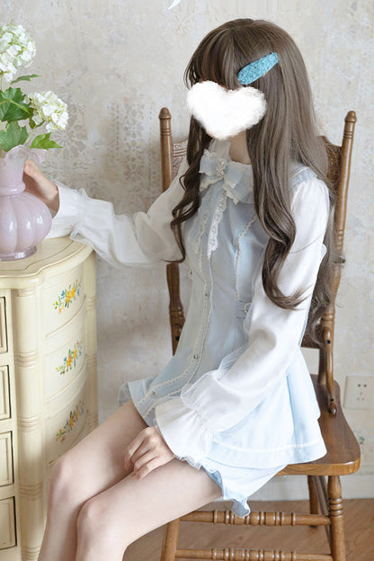 Blue Long Sleeves Ruffle Bowknot Lace Sweet Jirai Kei Dress Set