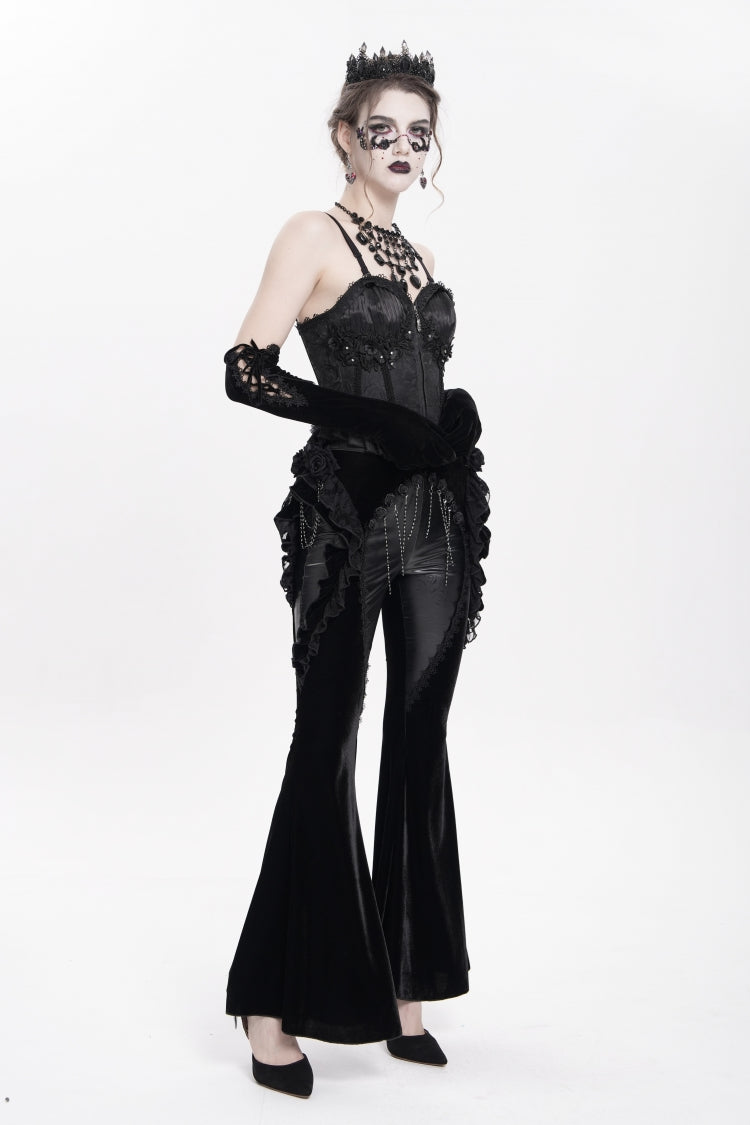 Black Ruffled Spliced Women's Gothic Floral Faux Leather&Velvet Ruffle Pants