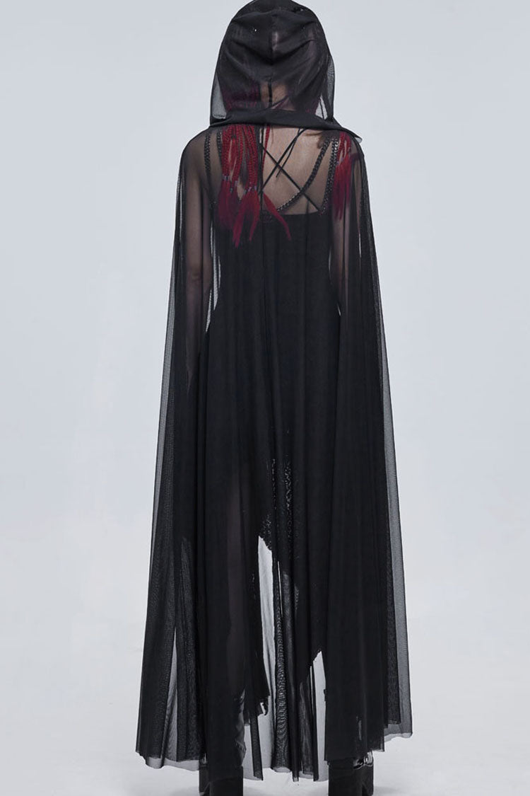 Black Punk Cross Leather Straps On Chest Design Metal Five-Pointed Star Decoration Long Hooded Women's Cape