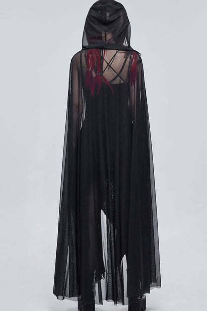 Black Punk Cross Leather Straps On Chest Design Metal Five-Pointed Star Decoration Long Hooded Women's Cape