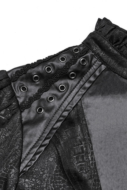 Black Stand Collar Long Puff Sleeves Faux Leather Stitching Women's Gothic Blouse