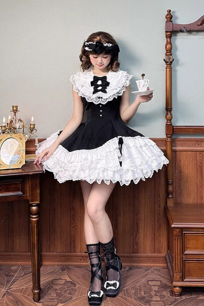 Black/White [Miss Tsundere] Sleeveless Multi-Layered Ruffle Bowknot Lace Asymmetric Sweet Princess Lolita Dress