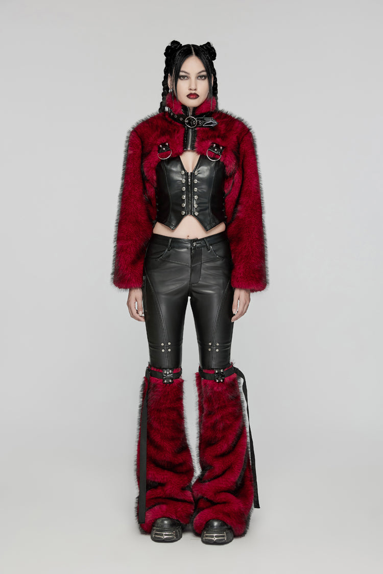 Red Stand Collar Long Sleeves Women's Punk Faux Fur Short Jacket