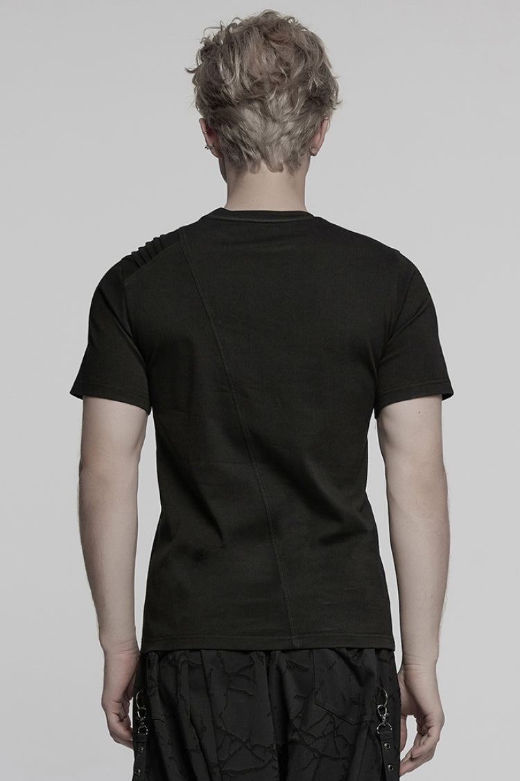 Black Round Collar Short Sleeves Pocket Denim Men's Punk T-Shirt