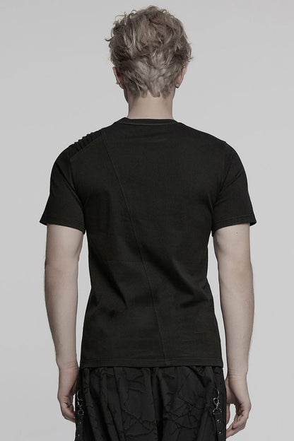 Black Round Collar Short Sleeves Pocket Denim Men's Punk T-Shirt