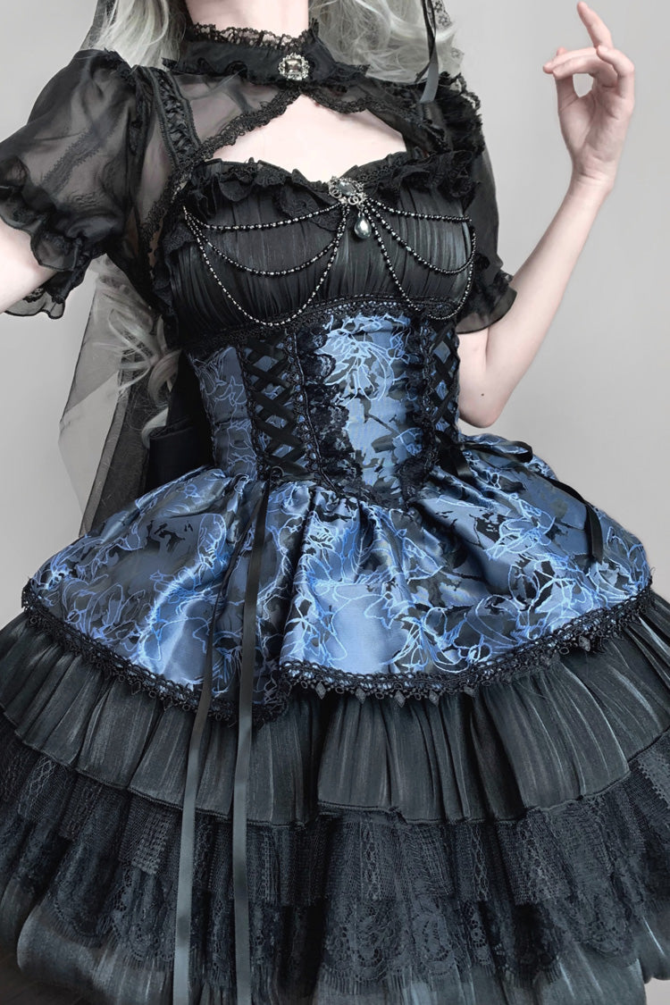 Black/Gray-Blue Ancient Dream of the Dark Night Print Ruffle Gothic Lolita Jsk Dress