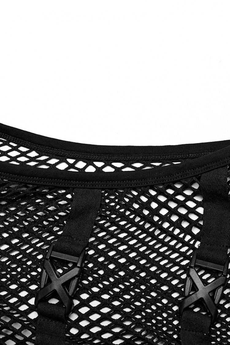 Black Stand Collar Sleeveless Straps Mesh Buckle Men's Punk Vest