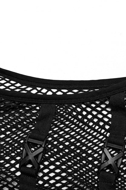 Black Stand Collar Sleeveless Straps Mesh Buckle Men's Punk Vest