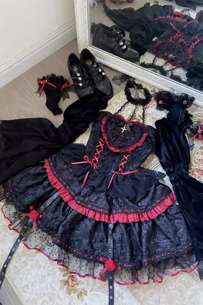 Black/Red Witch Vampire Rose Long Sleeves Print Ruffle Lace-Up Gothic Punk Lolita Dress