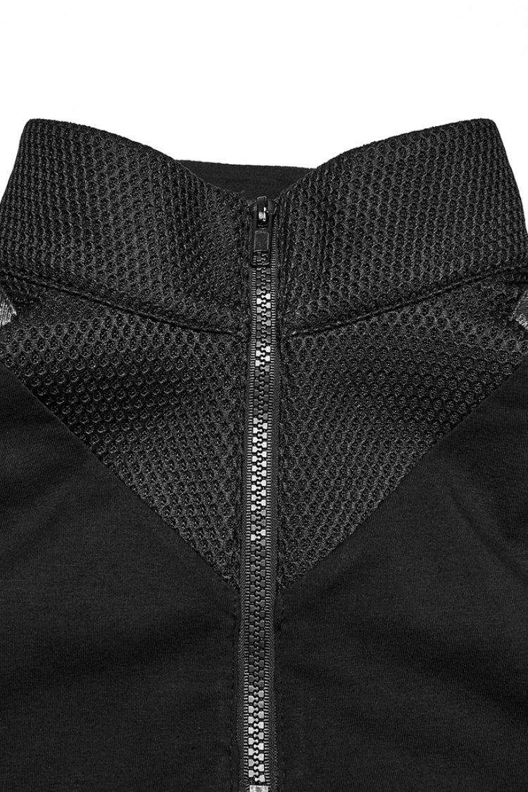 Black Stand Collar Sleeveless Stitching Mesh Zipper Men's Punk Vest