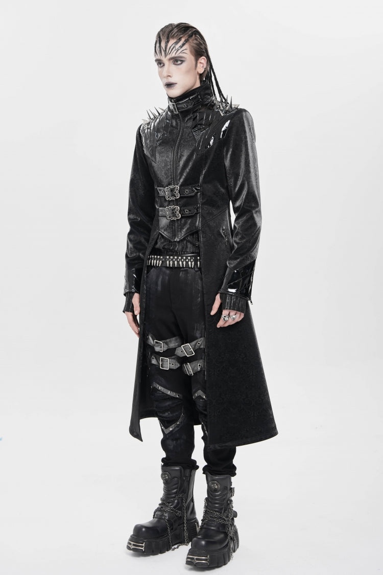 Black Stand Collar Floral Print Rivet Buckle Zipper Straps Men's Punk Coat