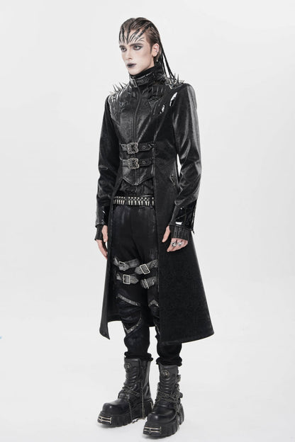 Black Stand Collar Floral Print Rivet Buckle Zipper Straps Men's Punk Coat
