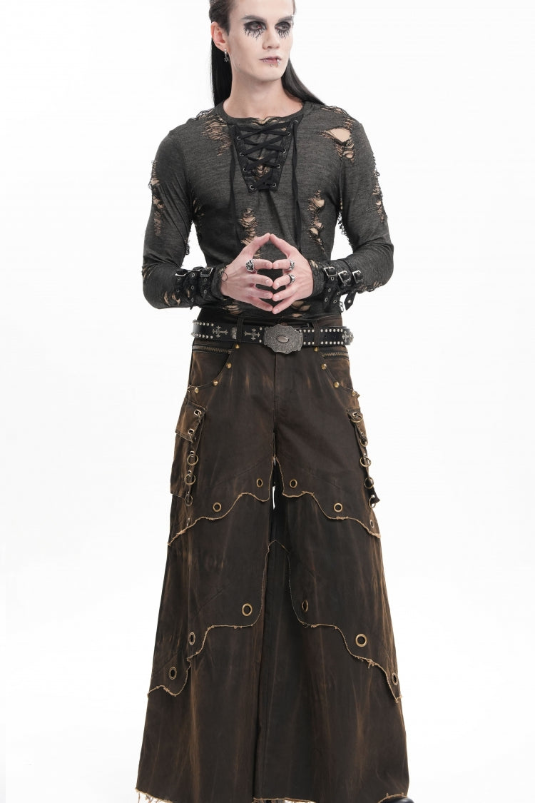 Coffee Eyelet Men's Gothic Pants Pocket Trousers