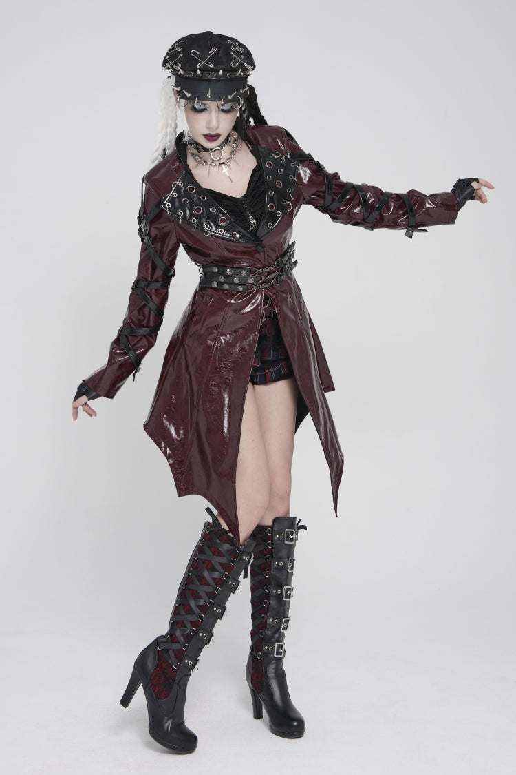 Red Lapel Collar Long Sleeves Lace-Up Irregular Eyelets & Rings Women's Punk Coat