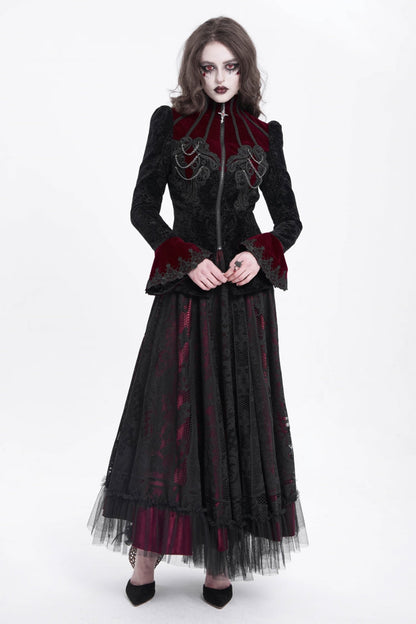 Black/Red Stand Collar Long Trumpet Sleeves Embroidery Women's Gothic Jacket