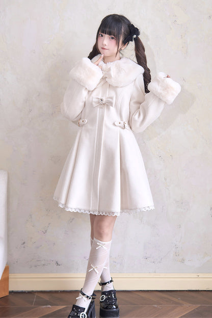 Sweet Plush Collar Waist-cinched Long Sleeves Bowknot Lace Japanese Lolita Coat 4 Colors