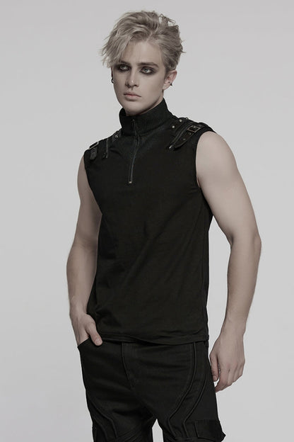 Black Stand Collar Sleeveless Stitching Mesh Zipper Men's Punk Vest