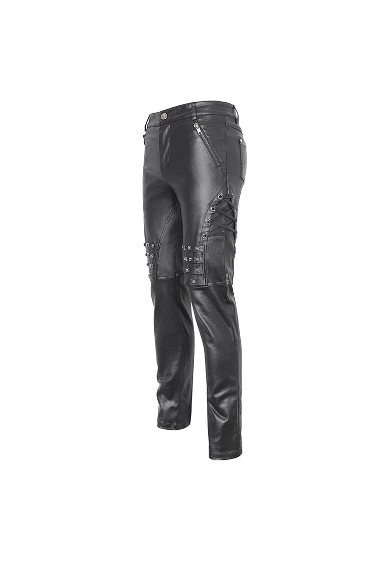 Black Studded Lace Up Leather Men's Punk Pants