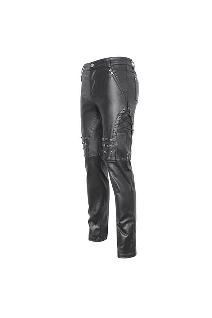 Black Studded Lace Up Leather Men's Punk Pants