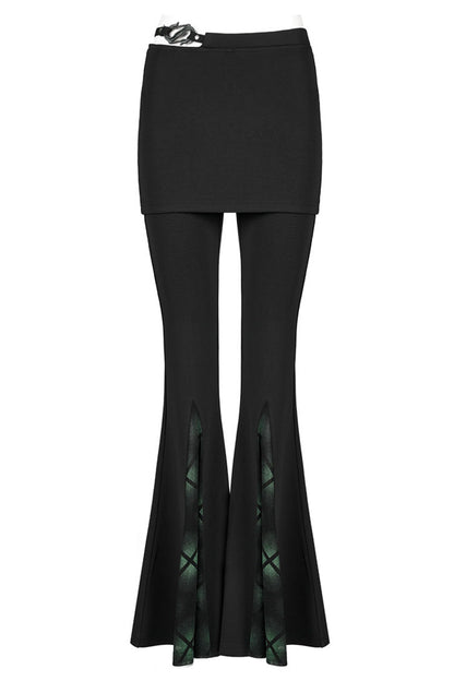 Black Retro Style Dark Plaid Side Shaped Rubber Buckle Decoration Perspective Flare Women's Punk Pant