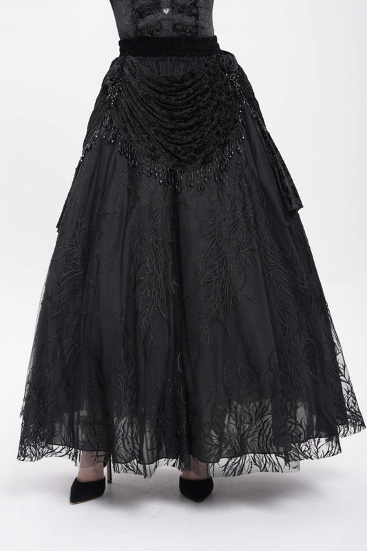 Black Floral Embroidered Beaded Women's Gothic Long Skirt