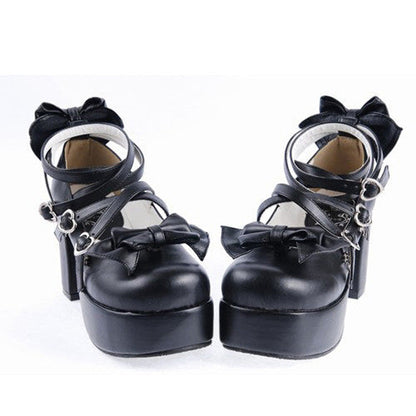 Black Synthetic Leather Cross Straps Bow Lolita Shoes