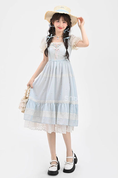 Blue Short Sleeves Embroidery Bowknot Lace Sweet Princess Lolita Dress
