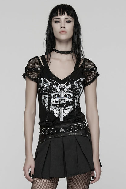 Black Short Sleeves Printed Spliced Mesh Strappy Eyelet Women's Punk T-Shirt