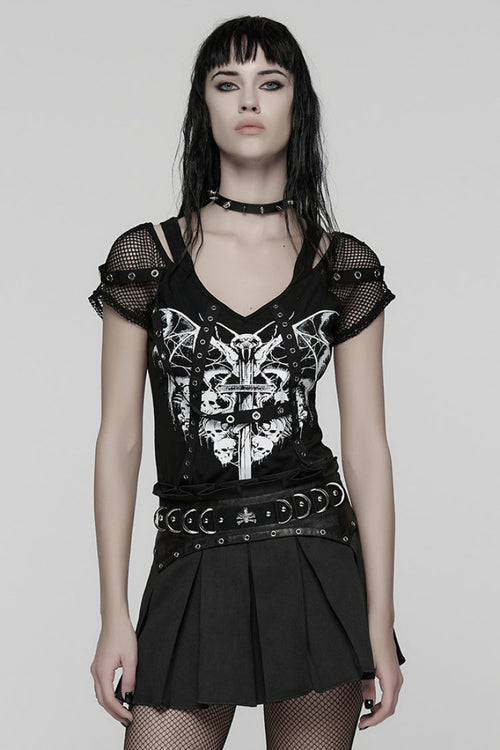 Black Short Sleeves Printed Spliced Mesh Strappy Eyelet Women's Punk T-Shirt