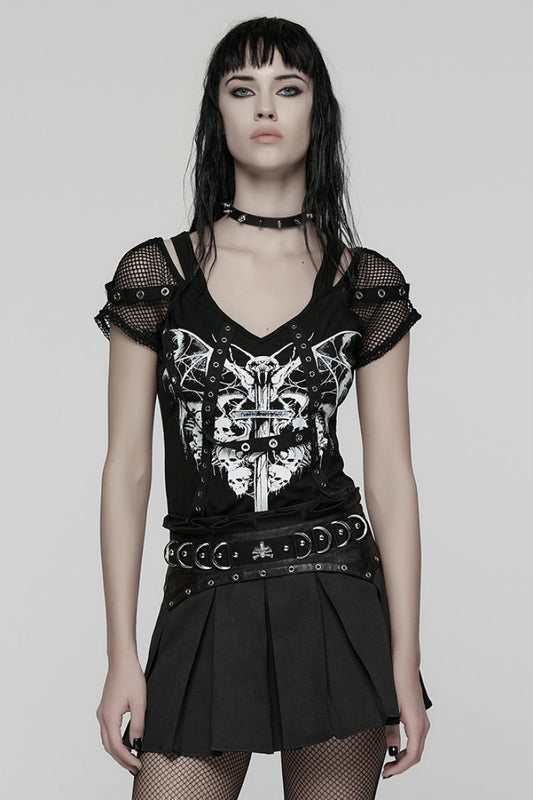 Black Short Sleeves Printed Spliced Mesh Strappy Eyelet Women's Punk T-Shirt