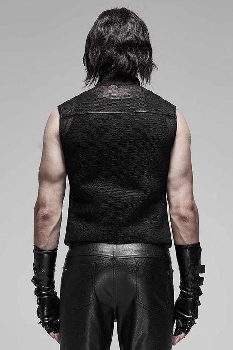 Black Punk Rough No Elasticity Woven Mesh Metal Buckle Belts Decoration Perspective Sleeveless Metal Zipper Men's Vest