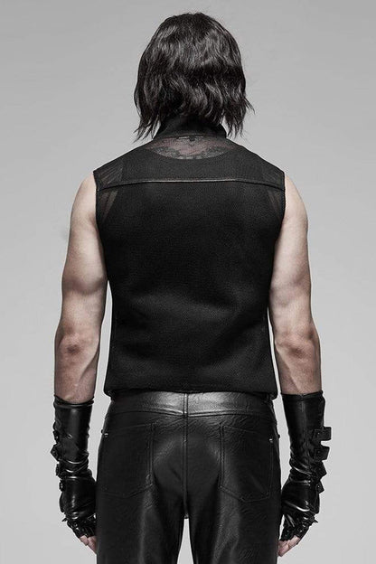 Black Punk Rough No Elasticity Woven Mesh Metal Buckle Belts Decoration Perspective Sleeveless Metal Zipper Men's Vest