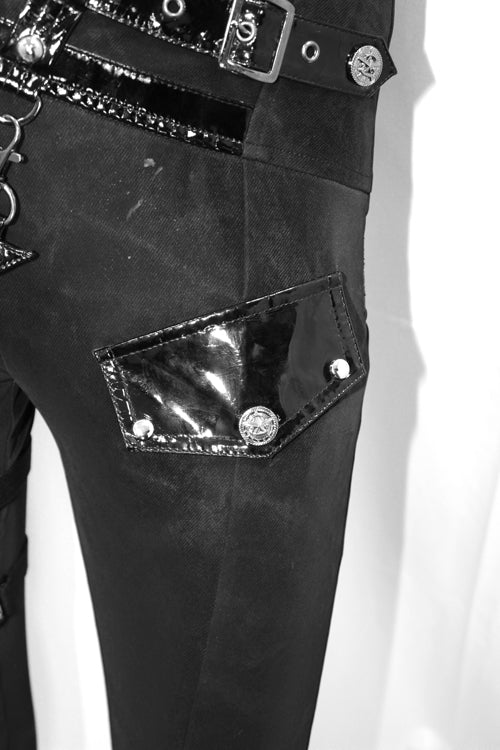 Black Punk Leather Loops Asymmetric Knitted Stretch Womens Pants