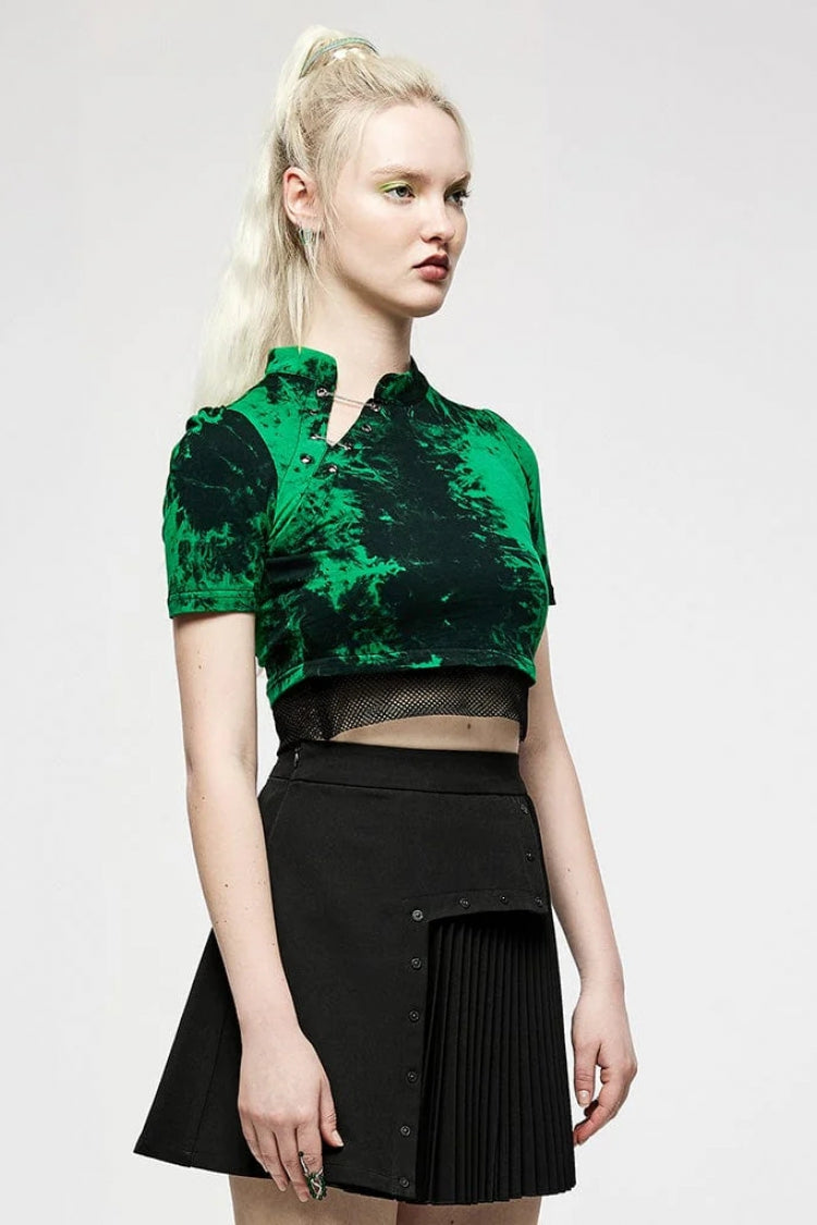 Green Short Sleeves Tie-dyed Metal Chain Women's Steampunk Short T-Shirt