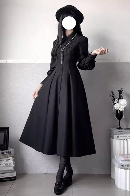 Black [Astrea] Long Puff Sleeves Slim Gothic Elegant Lolita Dress