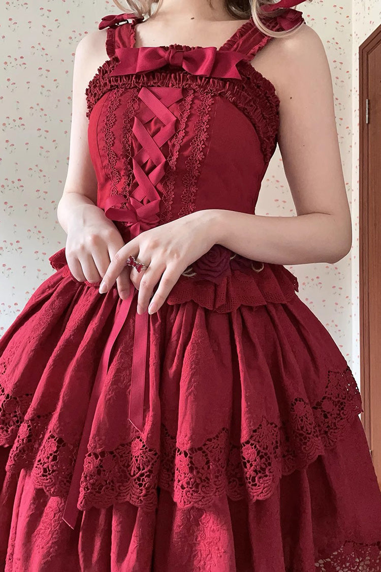 Wine Red [Forest Waltz] Embroidery Bowknot Lace-Up Slim Sweet Elegant Lolita Suspender Top